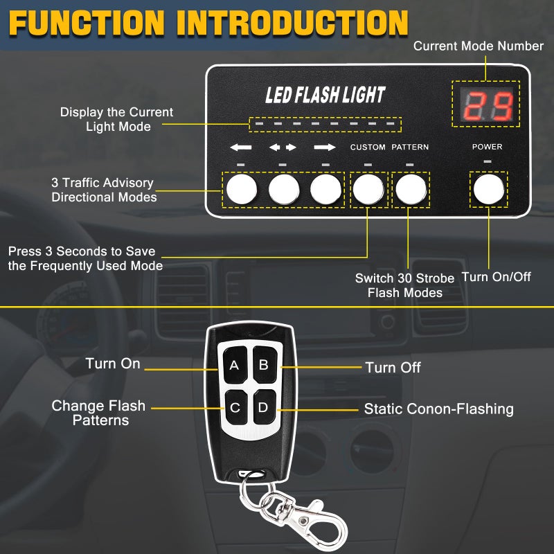 FEELOTAM Traffic Advisor Strobe Lights Bar Emergency Warning Strobe Flash Visor Lights for Vehicles Trucks Suction Bracket 27 Inch 6 Panel Led Wireless Remote Control Amber and White - Image 3